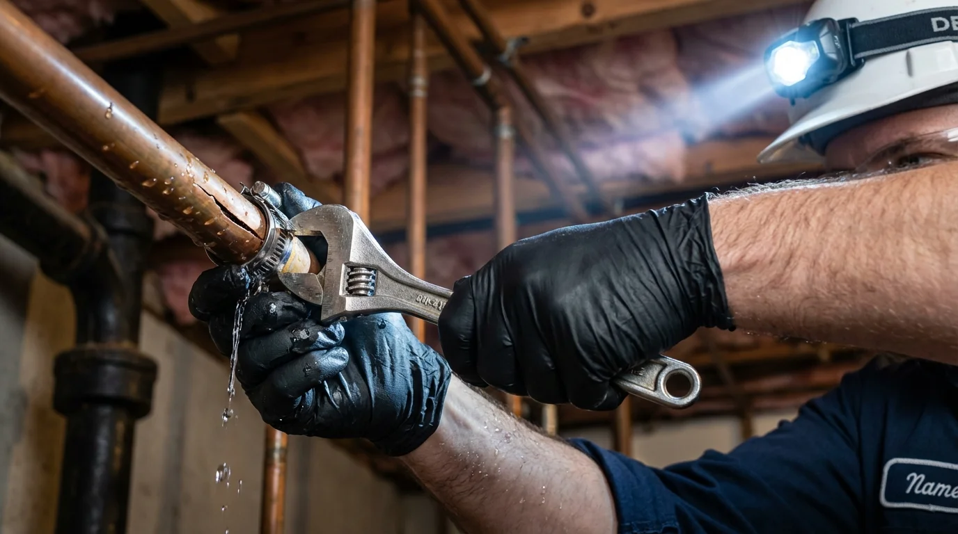 Emergency pipe clamp repair being performed by a Johns Plumbing LLC plumber in Carterville