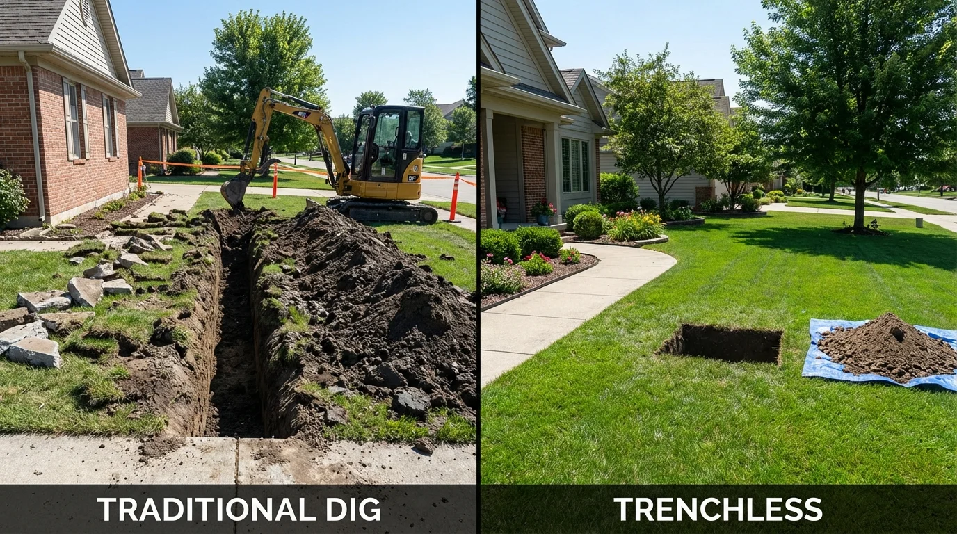 Trenchless sewer repair with minimal yard damage versus traditional excavation in Carterville, MO